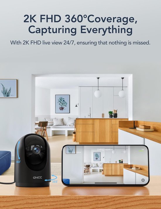 Beveiligingscamera Binnen - IP Camera Wifi - Huis Bewaken - 360 Graden Dekking - 2K Resolutie - Zwart — afbeelding 3