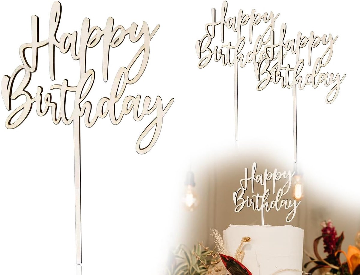 SnelShoppen - Set van 2 Gelukkige Verjaardag Taart Toppers, Houten Verjaardagstaart Decoratie voor Jongens, Meisjes, Volwassenen, Feest, 15 x 20 cm