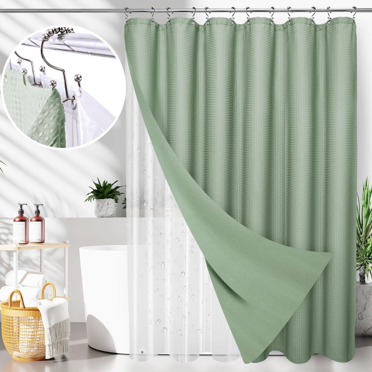 KZQ Waterdicht douchegordijn 180x180 cm met ringen - Wafelstructuur en verzwaard - Wasbaar en veelzijdig voor badkamer - Groen