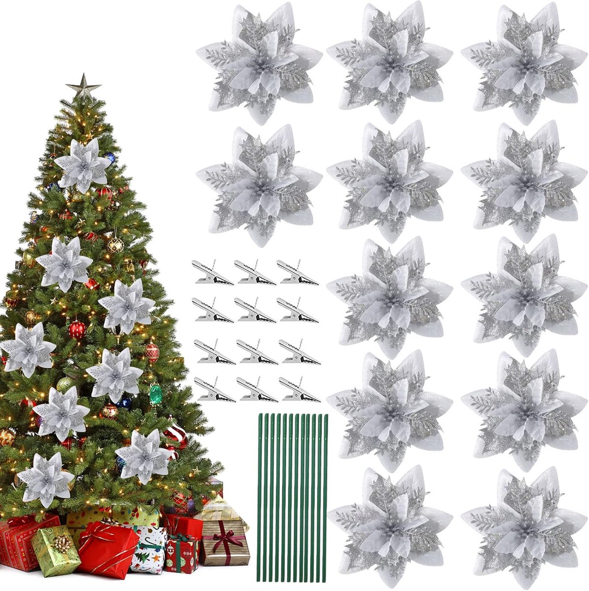 SnelShoppen - Set van 12 Glitter Poinsettia Kunstbloemen - Decoratieve Kerstbloemen met 12 Metaalclips en Stelen - Zilver - Perfect voor Feestdecorati