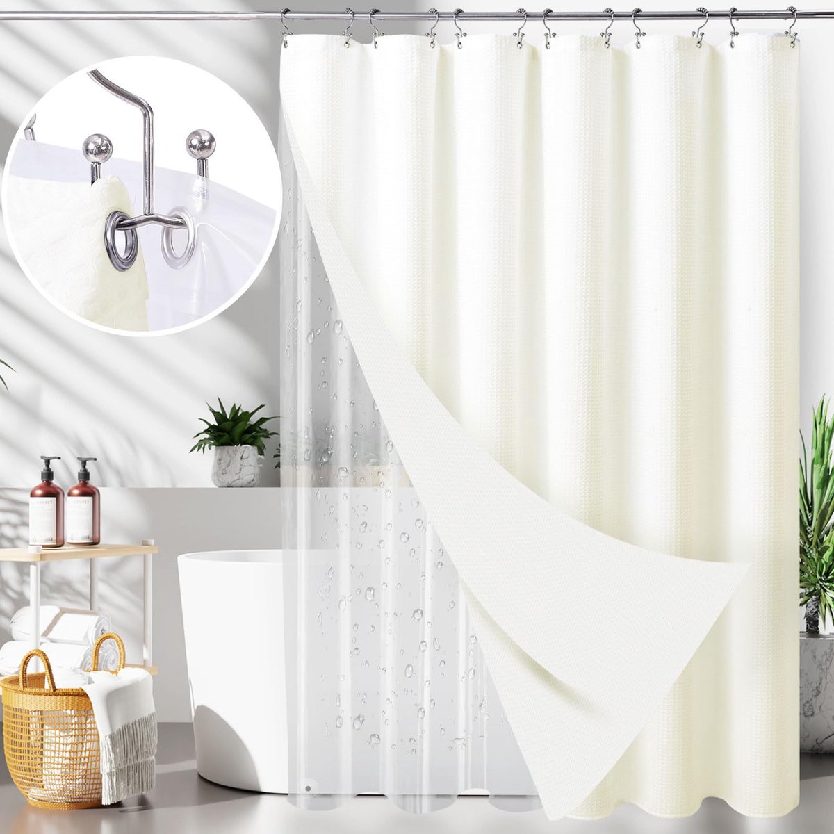KZQ Waterdicht douchegordijn 180x180 cm met ringen - Wafelstructuur en verzwaard - Wasbaar en veelzijdig voor badkamer - Beige