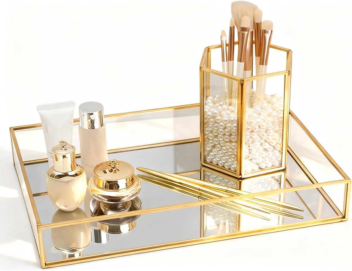 SnelShoppen - Vintage Metalen Glazen Opbergdoos, Rechthoekige Sieraden Display Organizer, Gouden Lade voor Sieraden en Cosmetica, Grote Opbergdozen vo