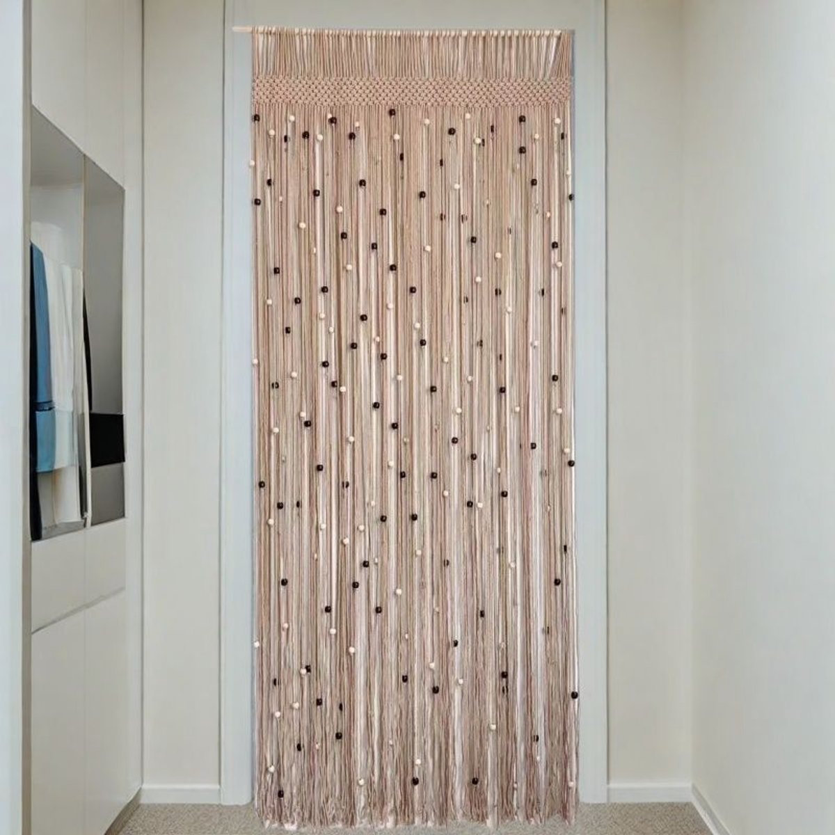 KZQ Handgemaakt macramé kralen gordijn van katoen 90x200 cm - Houten kralen voor deuropening en raam - Boheemse kamerdivider voor privacy en decor - Kaki
