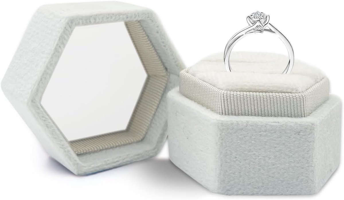 SnelShoppen - Velvet Ring Box Hexagonaal, Bruiloft Ringdoos met Twee Compartimenten, Sieradenopberger voor Voorstel, Verloving, Huwelijk, Ceremonie (B