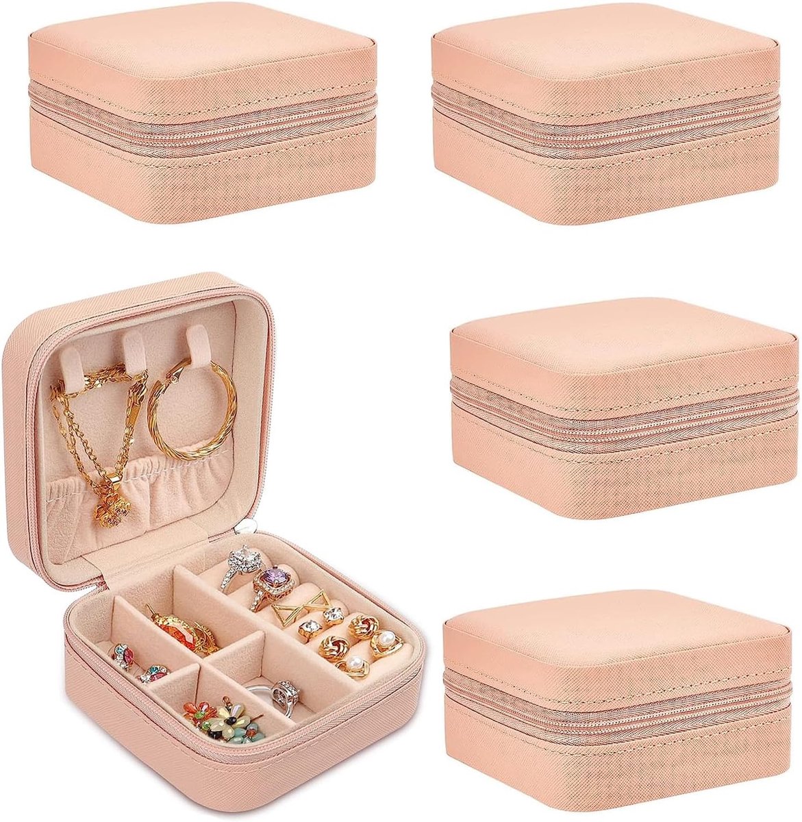 SnelShoppen - 4 Stuks Reis Sieraden Doosje Sieraden Organizer Klein Sieraden Box voor Ringen Oorbellen Hanger (Roze, Wit, Grijs, Zwart)