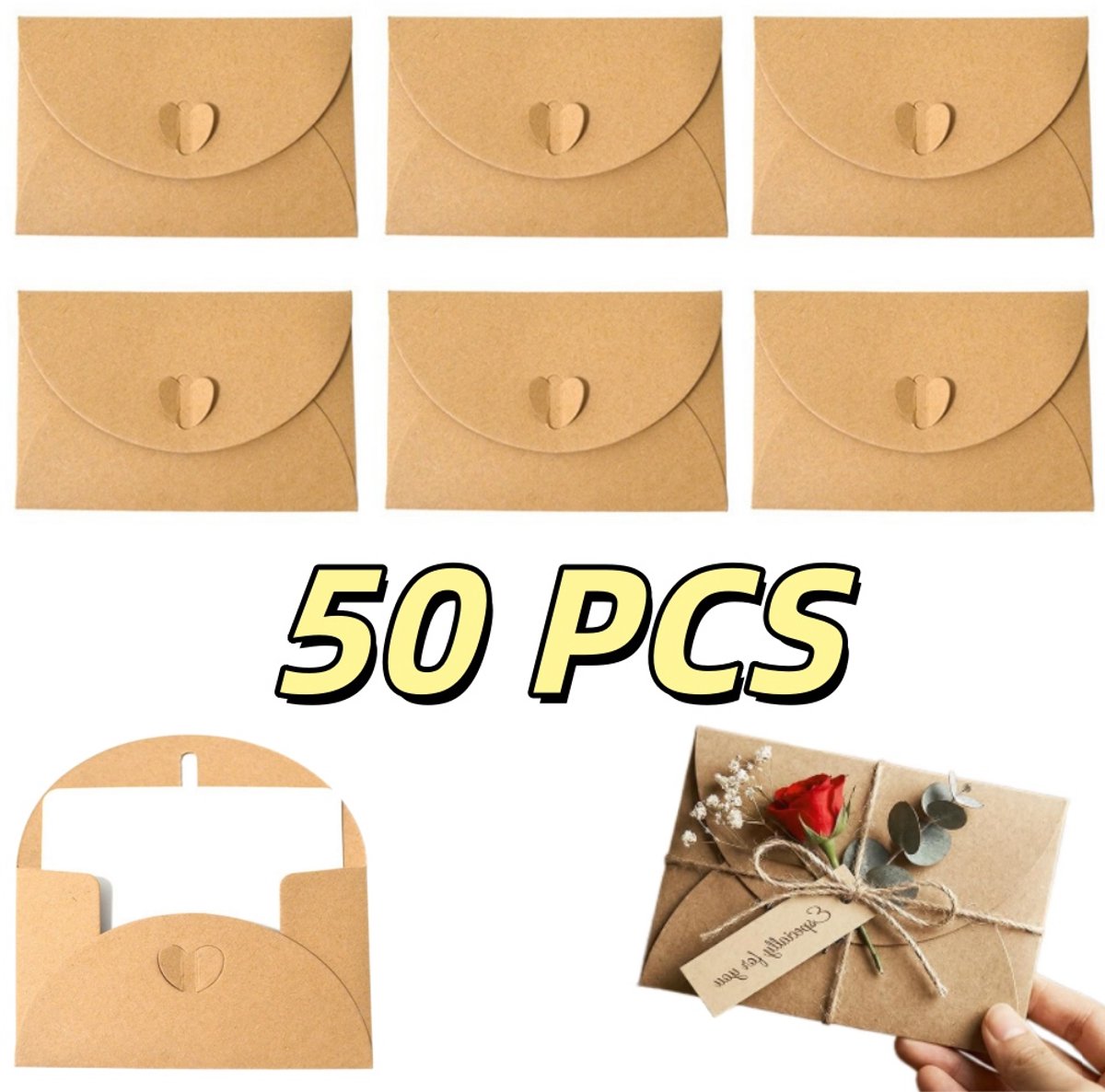 50 stuks - Cadeaukaart envelop - Kraftpapieren envelop - Mini envelop met blanco kaart - Envelophoes - Hartvormige sluiting - Bruin - 11,2 x 7,7 cm - Geschikt voor cadeaukaarten, huwelijksbedankjes, wenskaarten en uitnodigingen