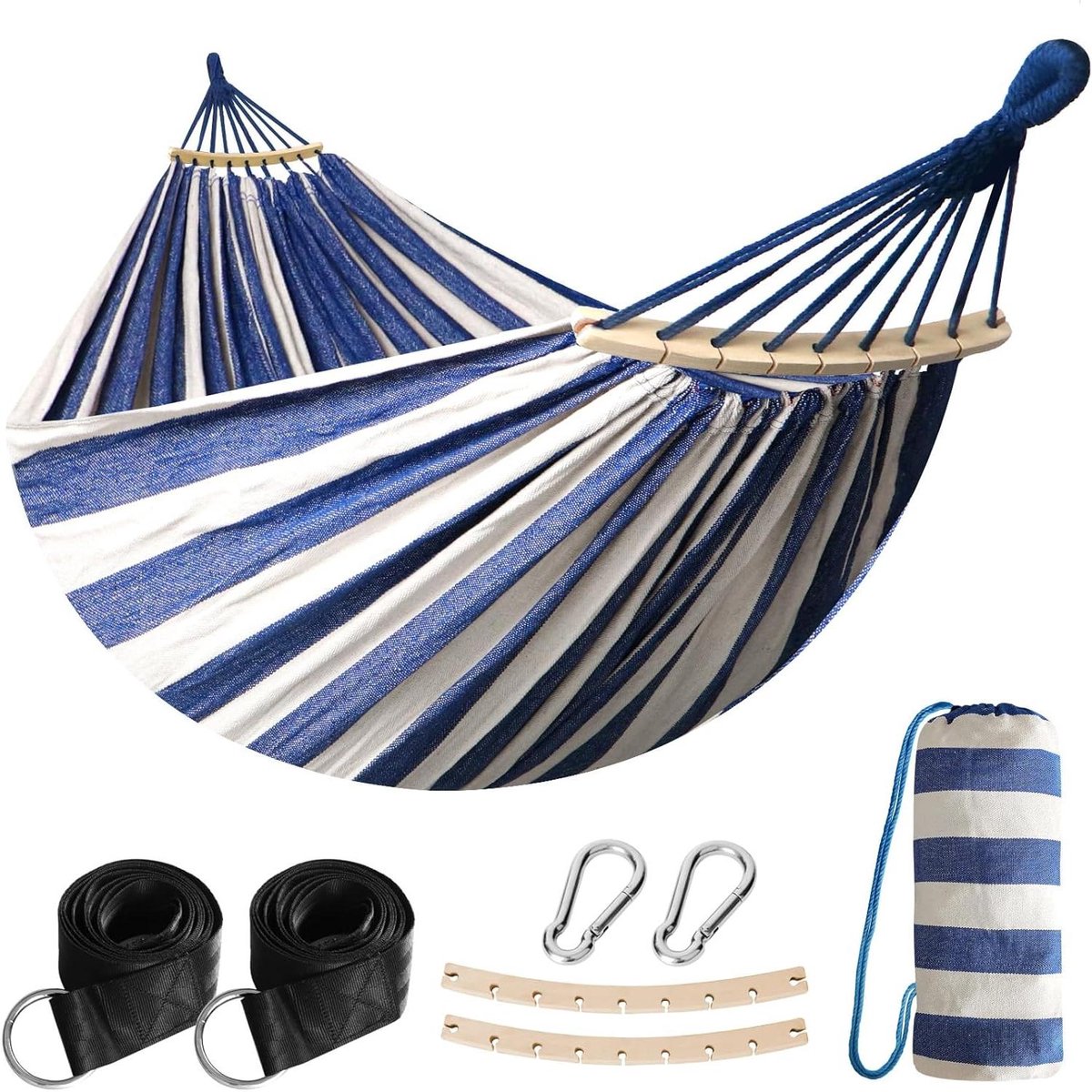 Hangmat met Stangen - Katoenen Relaxbed - Buiten Ontspannen - Hoge Draagkracht - 210x150 cm - Wit Gestreept