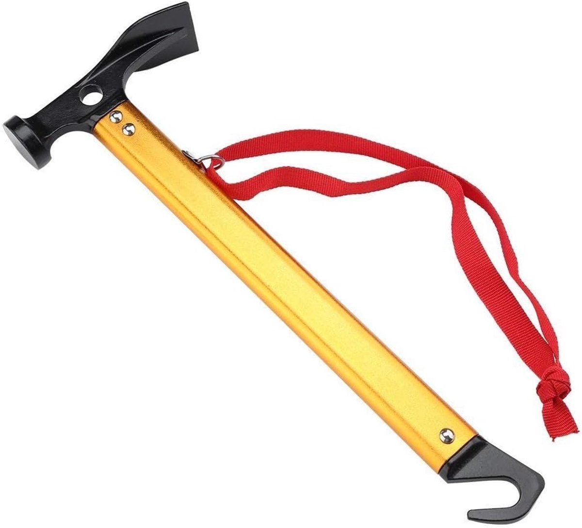 SnelShoppen - Tenthamer, Multifunctionele Tool met Aluminium Handvat, Hamer en Haak/Grondzeiltrekker in Eén voor Camping, Outdoor Activiteiten, Goudkl