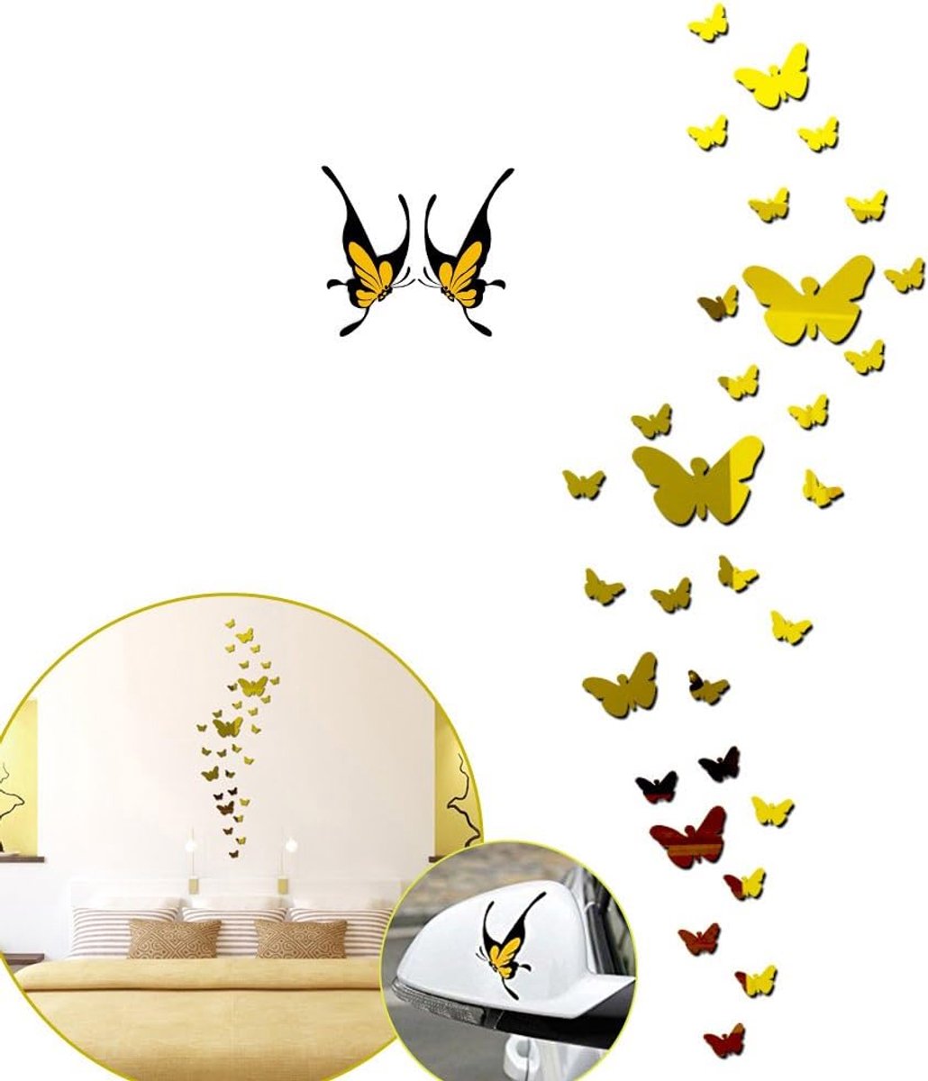 SnelShoppen - SwirlColor 3D Acryl Spiegel Stickers - 36 Stuks Verwijderbare Vlinder Wandstickers - Gouden Decoratie voor Thuis - Waterproof en Veilig