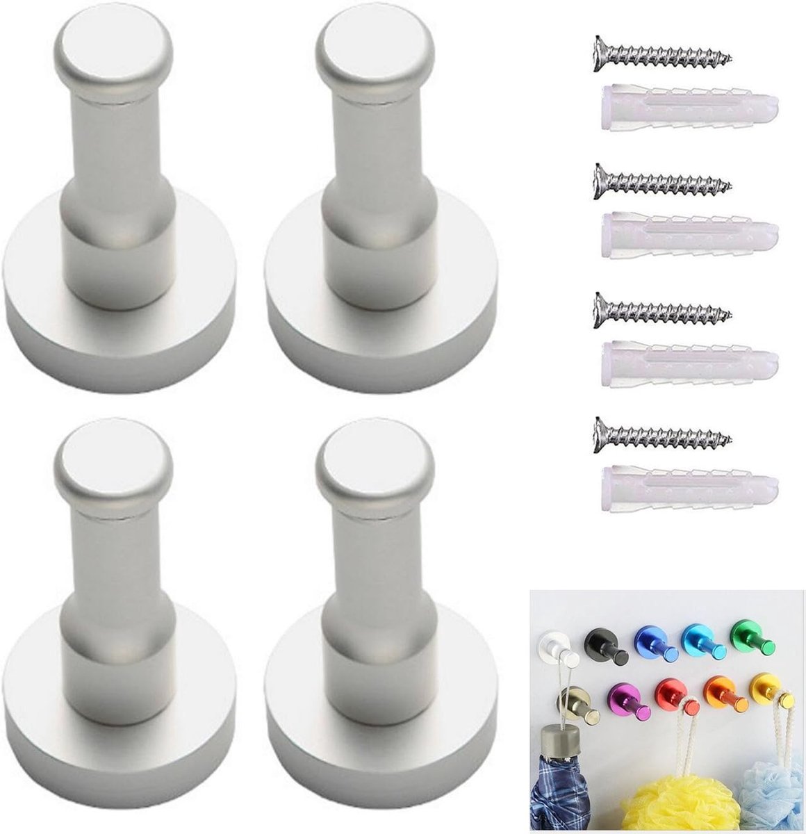 UOOOM 4pcs Space Aluminum Wall Mounted Coat Robe Hooks Colorful Clothes Towel Hook Hanger SILVER - ShopVlot