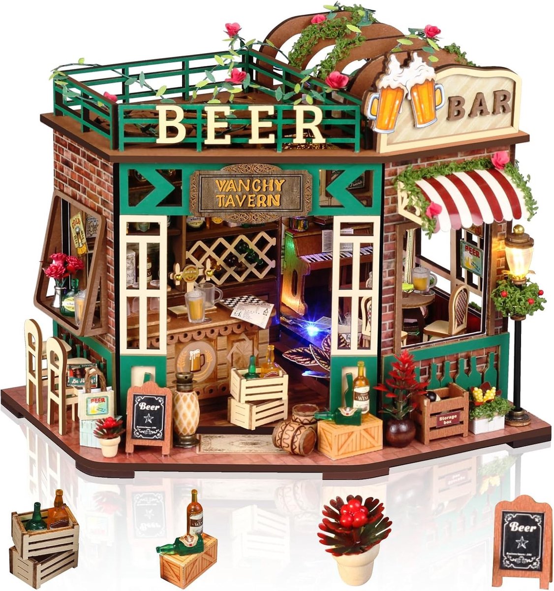 Miniatuur Poppenhuis Set met LED Verlichting, Creatieve Doe-Het-Zelf Knutsel voor Volwassenen en Tieners, Perfect Cadeau voor Feestdagen en Verjaardagen (Bier Bar)