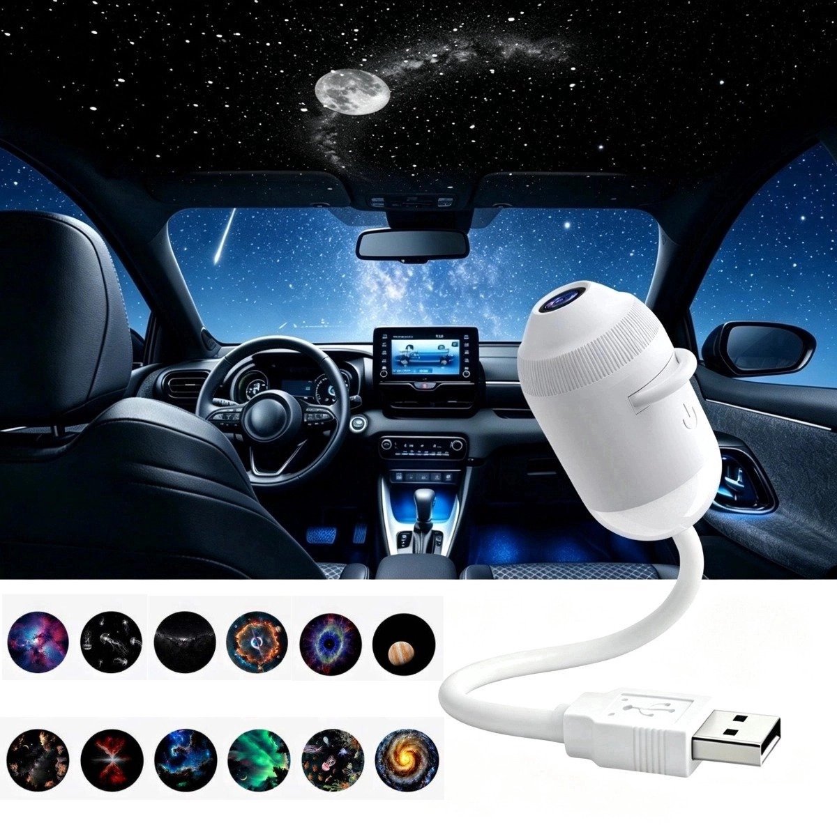 2-in-1 Projector - Sterrenprojector & Nachtlampje - met 12 Verwisselbare Films - HD - flexibele zwanenhals (360° draaibaar) - Plug-and-play - USB Aangedreven - draagbaar - Sterrenhemel Projector - Heelal - voor slaapkamers en gebruik in de auto
