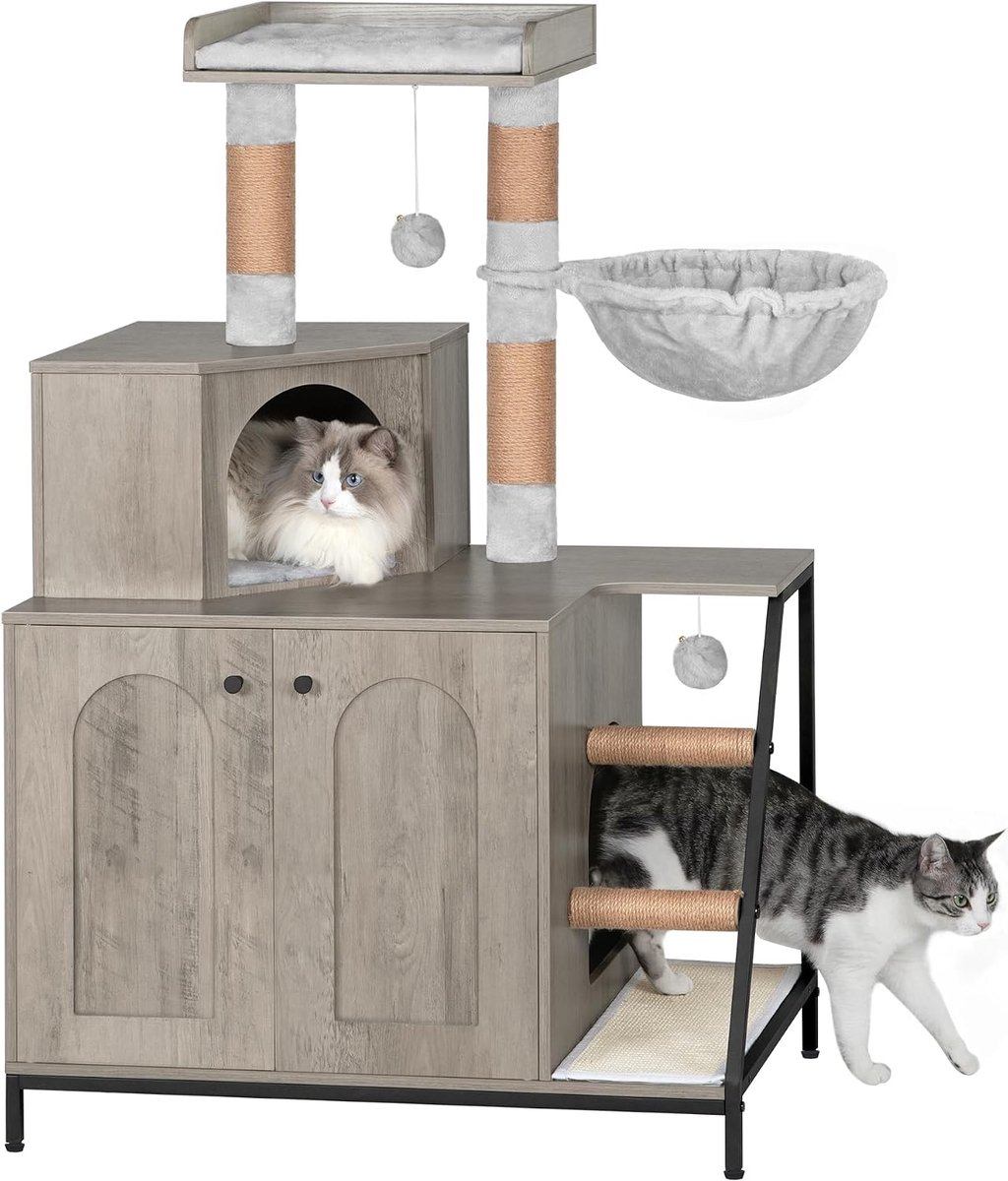 Hzuaneri Kattenkast, 4-in-1 Kattenhuis met Wasbaar Kussen, Greige
