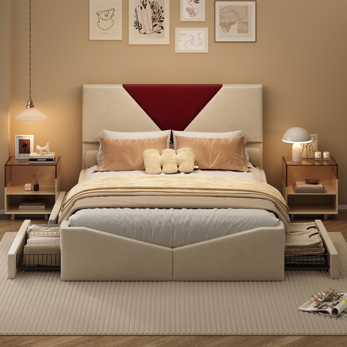 Tweepersoonsbed 140x190 cm,Gestoffeerd， fluwelen bed met 4 lades en houten lattenbodem, beige, zonder matras