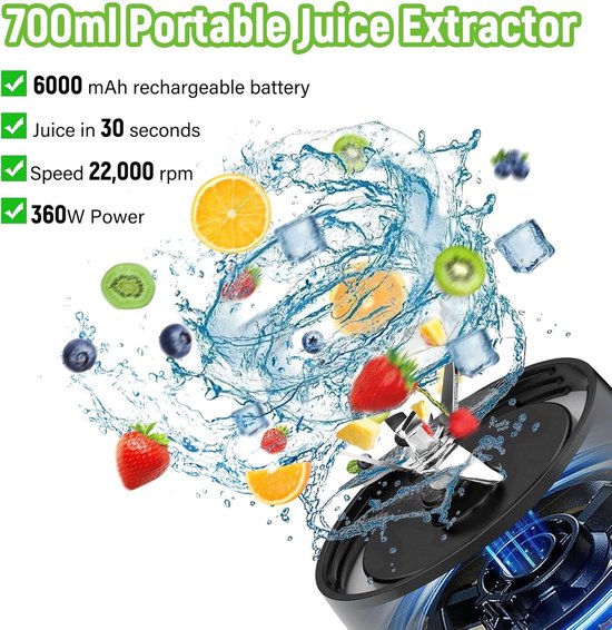 Draagbare Mixer - Smoothie Maker To Go - Gezonde Dranken Maken - 6 Roestvrijstalen Messen - 700 ml - Zwart — afbeelding 2