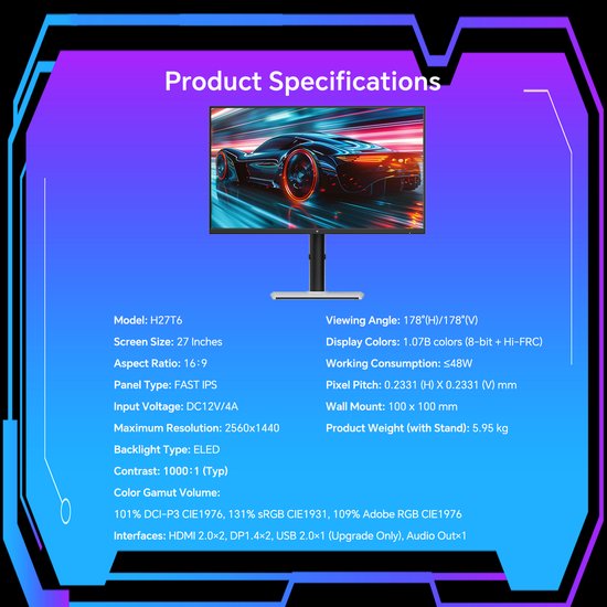 Specificaties H27T6 monitor: 27 inch, 16:9, FAST IPS paneel, 2560x1440 resolutie, 1000:1 contrast, 178° kijkhoek.