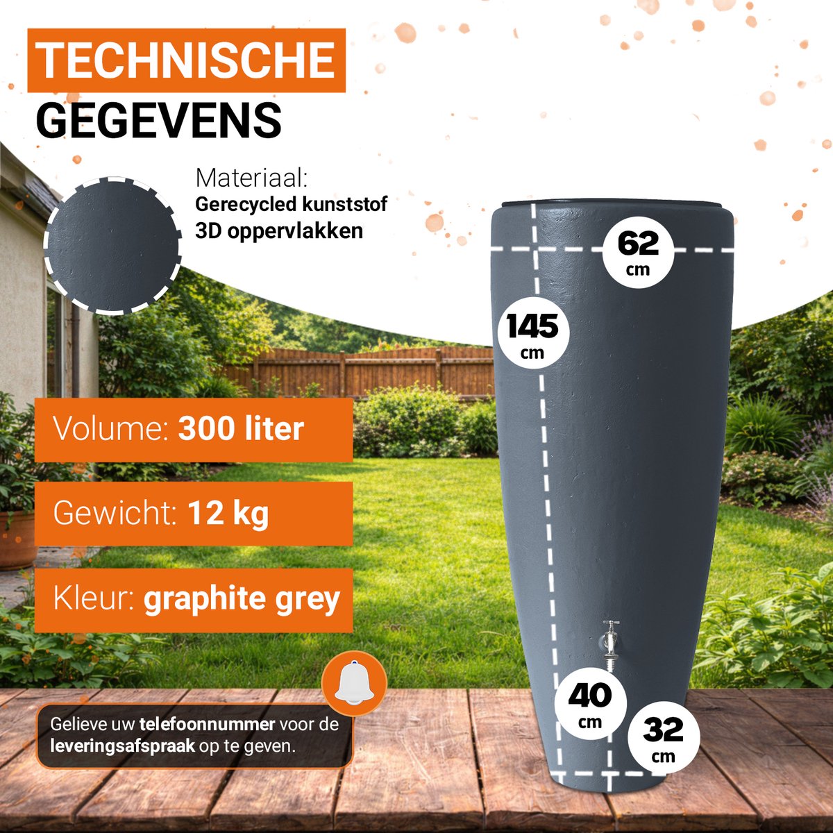 Garantia 2in1 waterreservoir 300 liter grafietgrijs incl. plantschaal