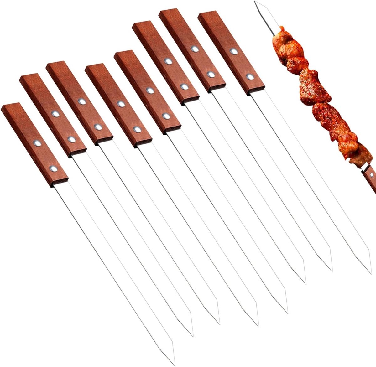 Grillspiesen - Roestvrij Staal - 40 cm - Platte Sjasliekspiesen met Houten Handvat - Voor Vlees en Groenten