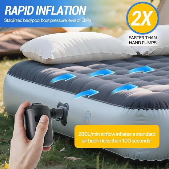 Elektrische luchtpomp, 3600 mAh, USB-oplaadbare accupomp, mini-luchtpomp, elektrische inflator, 280 l/min, met set van 4 sproeiers, digitale accu-indicator, draagbaar voor luchtmatras, zwemring van Merkloos — afbeelding 4