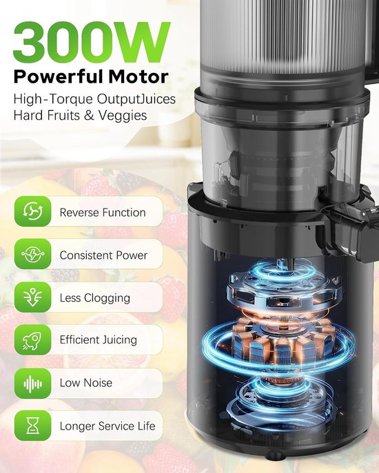 SnelShoppen - Slow Juicer Machine 300W met 135mm Brede Vulopening, Hoge Sapopbrengst 99%, 2.2L Capaciteit, BPA Vrij, Makkelijk Schoon te Maken, Perfec — afbeelding 3