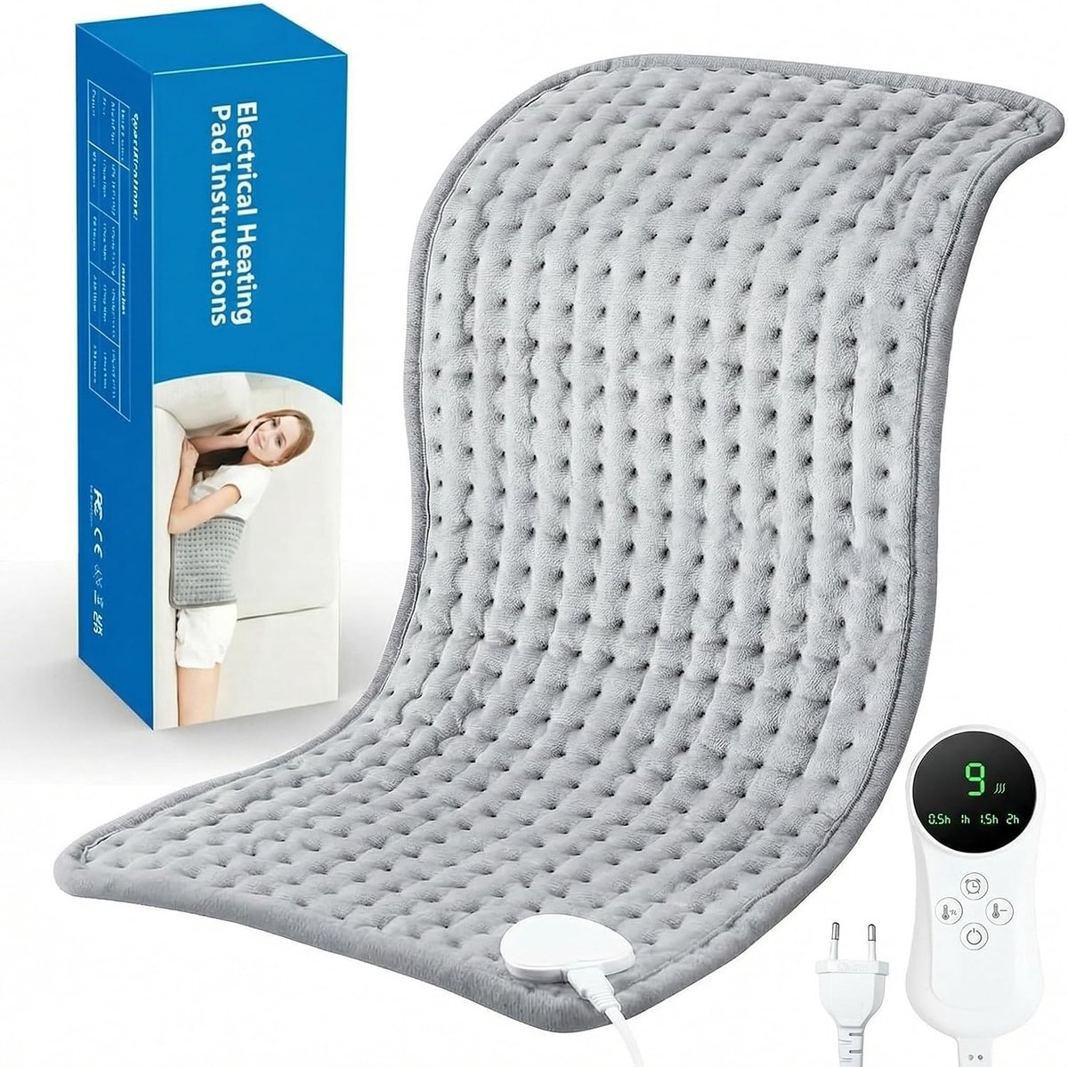 Elektrisch Warmtekussen - Verwarmingskussen Rug Nek Schouders Buik Benen - 30x60 cm - 9 Warmtestanden - Automatische Uitschakeling - Wasbaar - Grijs
