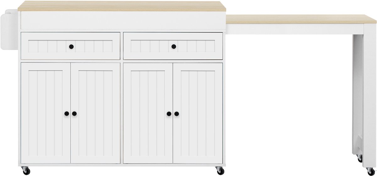 Mobiele Keuken Eilandwagen - Met Uitschuifbaar Bovenblad - 112-180,5 cm - MDF en 7 Wielen - Voor Keuken en Eetkamer - Wit en Natuur