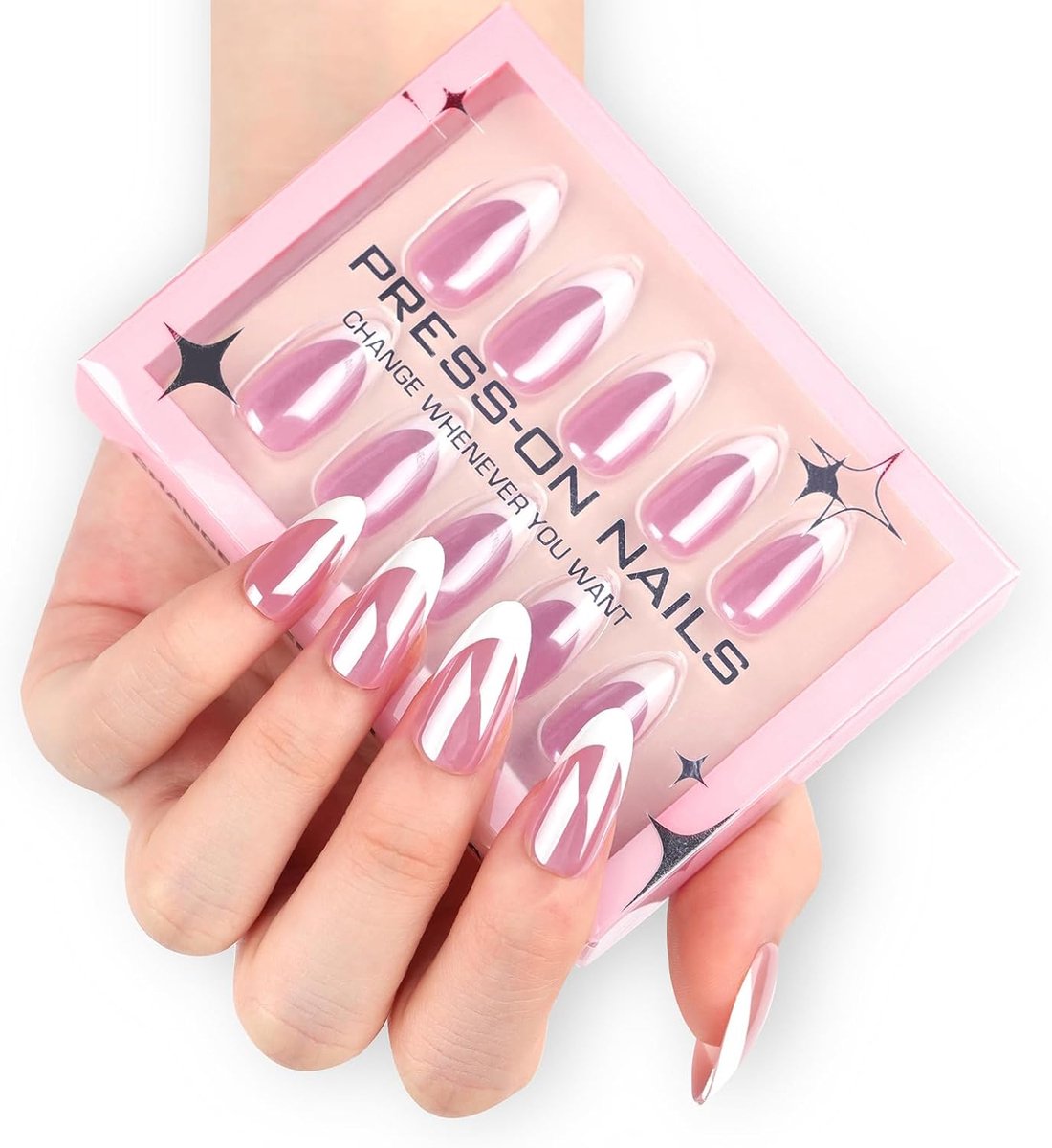 SnelShoppen - 30 Delen Franse Tips Druk Nagelset, Eenvoudige Kleur, Valse Nagels met Chroom Ontwerpen, Roze en Wit, Glanzende Middelgrote Amandelvormi
