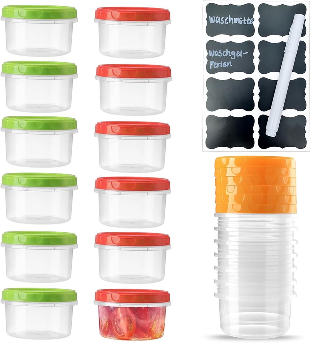 SnelShoppen - Pack van 18 Opbergdozen met Deksel, 250 ml Diepvriesdozen, Kleine Plastic Potten met Deksel en Lege Label, Ronde Diepvriesdoos, Mini Opb