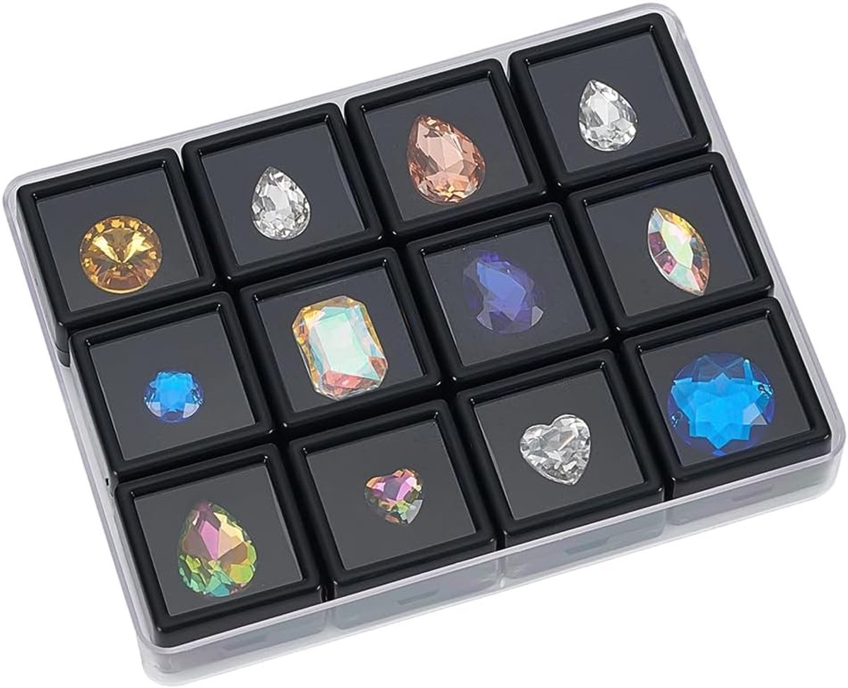SnelShoppen - 12 Gemstone Dozen met Opbergdoos, 9.5 x 12.5 x 2 cm, Vierkante Edelsteenhouder, Plastic Presentatiedoos, Verzamelaarsopslag voor Riemste