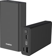 Zwarte imoshion powerbank met digitale display die 100% aangeeft, en ink/out 30W en out 22.5W poorten.