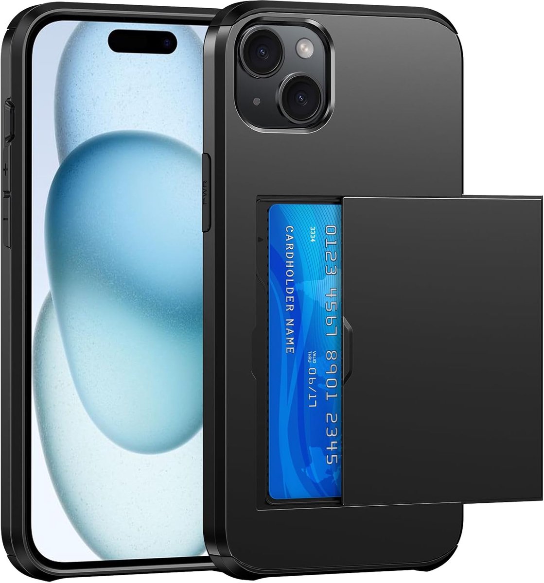SnelShoppen - Wallet voor iPhone 15 Hoes met Kaarthouder, Zwart | Dubbele Laag Militaire Bescherming Schokbestendig Verborgen Kaartsleuf Slanke Telefo