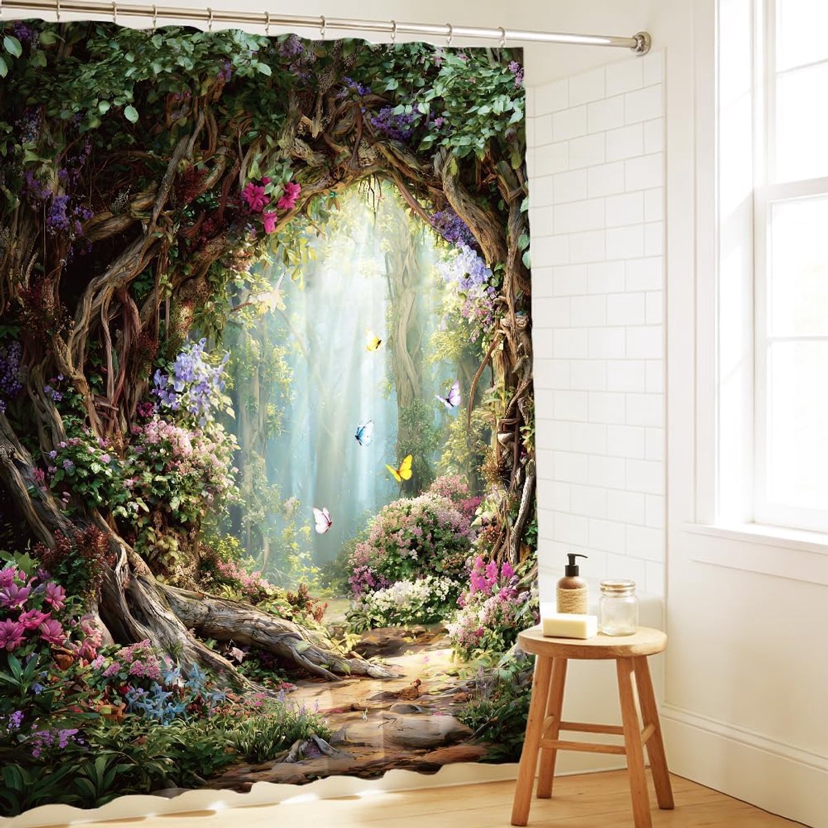 SnelShoppen - Douchegordijn Bos Vlinder Betoverend Waterdicht Stof Douchegordijn Set met 12 Haakjes 183 x 183 cm Geheim Natuur Badkamer Gordijnen voor