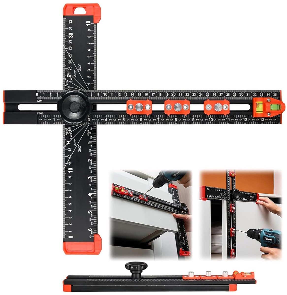 SnelShoppen - 4-in-1 Aluminium Boor Positie Ruler met Dubbel Waterpas, Precisie Houtbewerkingsgereedschap, Verstelbare Lengte/Hoek, voor Planken en Me