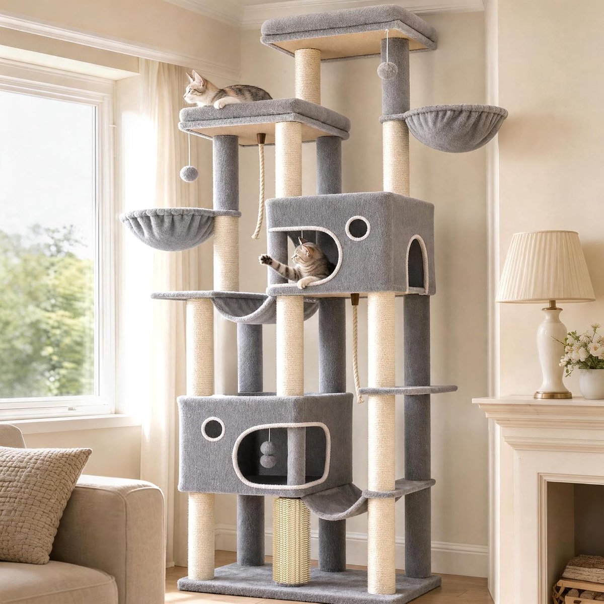 Hzuaneri krabpaal, 213 cm XXL, 2 extra grote platforms, 2 grote manden, 10 krabpalen, 2 hangmatten, mandje, kattenborstels, pompons, geschikt voor Maine Coon katten, lichtgrijs