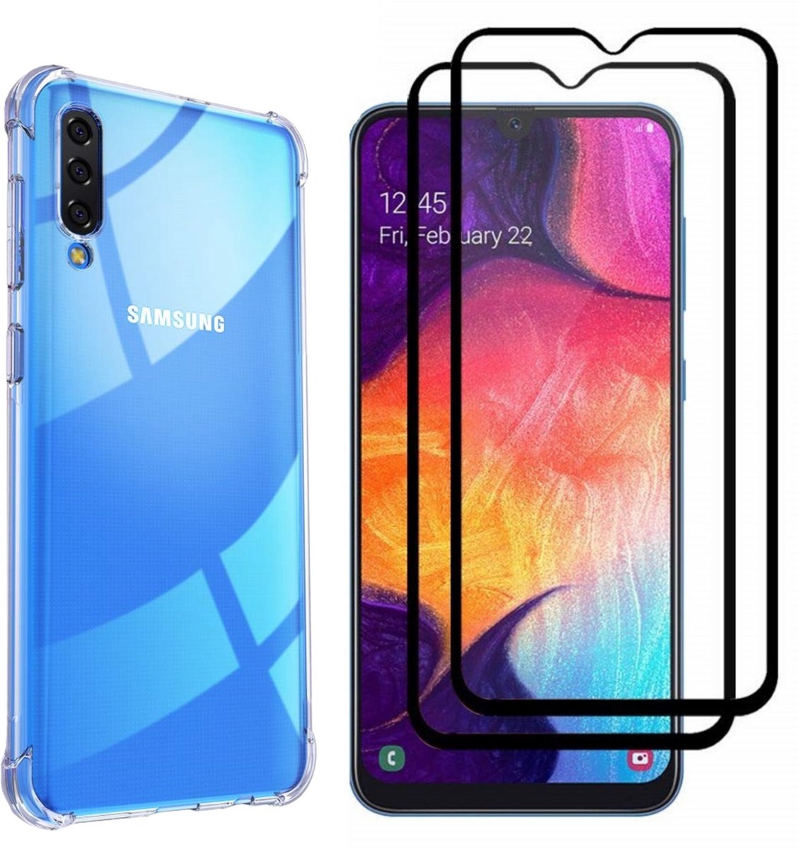 Hoesje geschikt voor Samsung Galaxy A50 backcover Shockproof siliconen Transparant en 2 stuks Screenprotector Gehard Glas Zwart