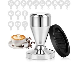 Koffietamper 51 mm van roestvrij staal met 16 latte-kunstvormen en tampermat voor perfecte espresso, barista-gereedschap voor thuis en op kantoor
