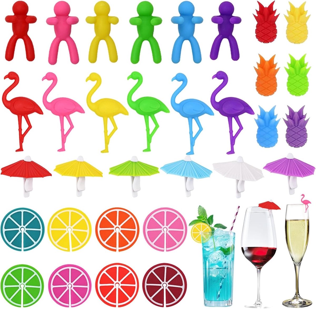 Set van 32 Herbruikbare Siliconen Glazenmarkers - Kleurige Markers voor Wijnglazen, Champagneglazen en Cocktails - Perfect voor Feesten, Bars en Bruiloften