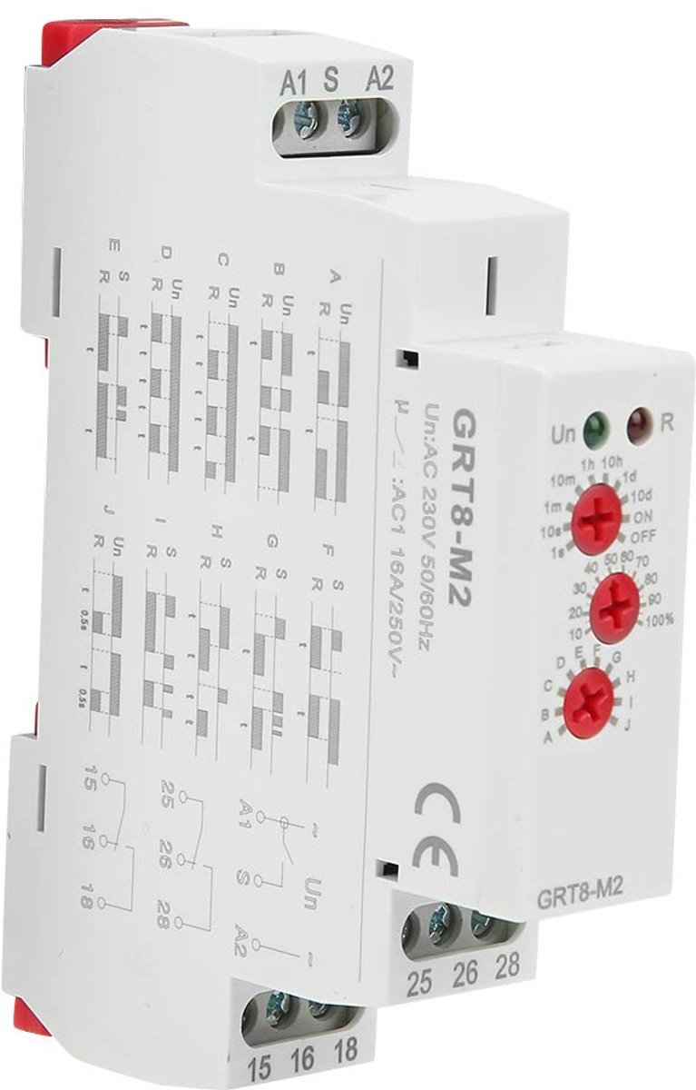 SnelShoppen - AC 220V Timer Vertraagtimer GRT8-M2 met 10 Functies Din Rail Timer voor Industrie, Laag Energieverbruik, Robuust Kunststof, LED Indicato