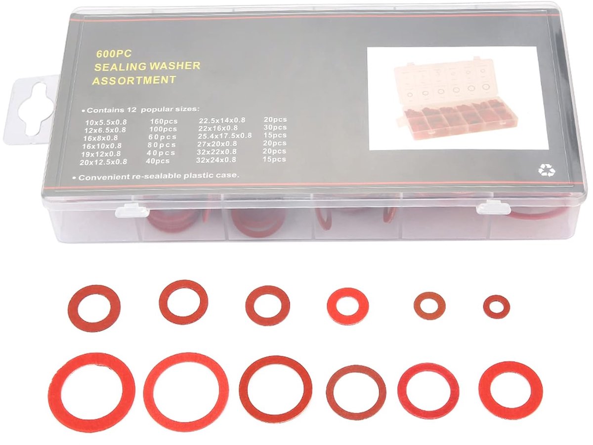 SnelShoppen - Assortiment ringen 600 rode staal papier vezel platte ringen isolatie schijf voor elektrische installaties 12 verschillende maten set me