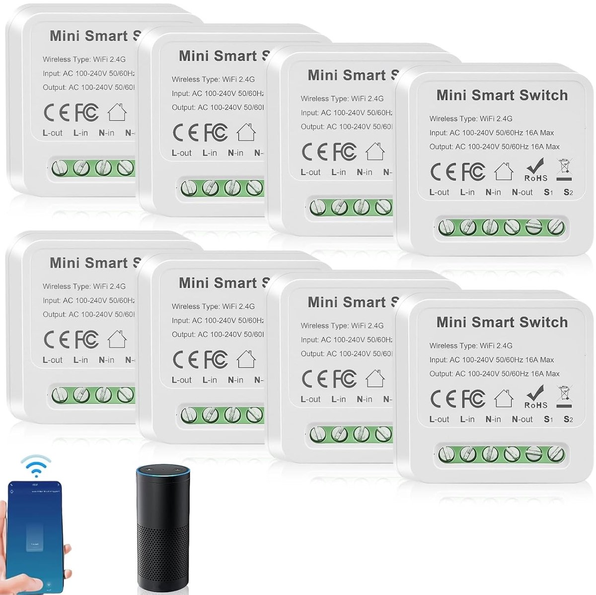 Slimme Lichtschakelaar Module - 8 Stuks - 1-Weg Dual Control Mini DIY WiFi Schakelaar, Geschikt voor Tuya App, Alexa en Google Home