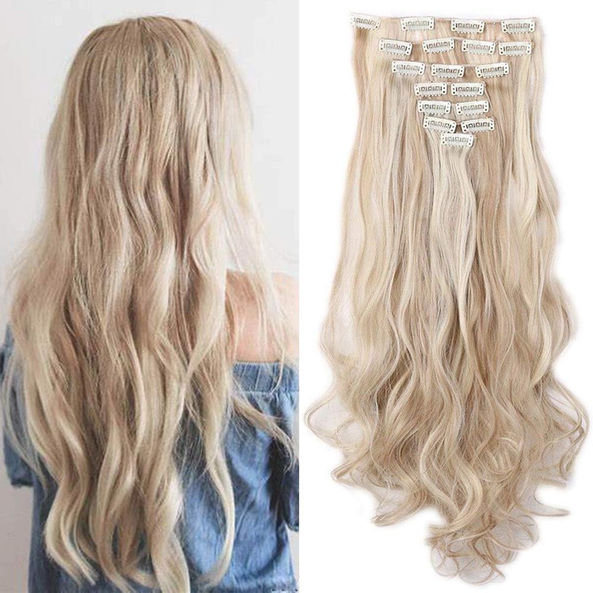 SnelShoppen - Clip-in Haar Extensions 8 Wefts, Natuurlijke Wavy Look, Sandy Blonde & Blond Bleach-1, 24 Inch, Perfect voor Feest en Dagelijks Gebruik