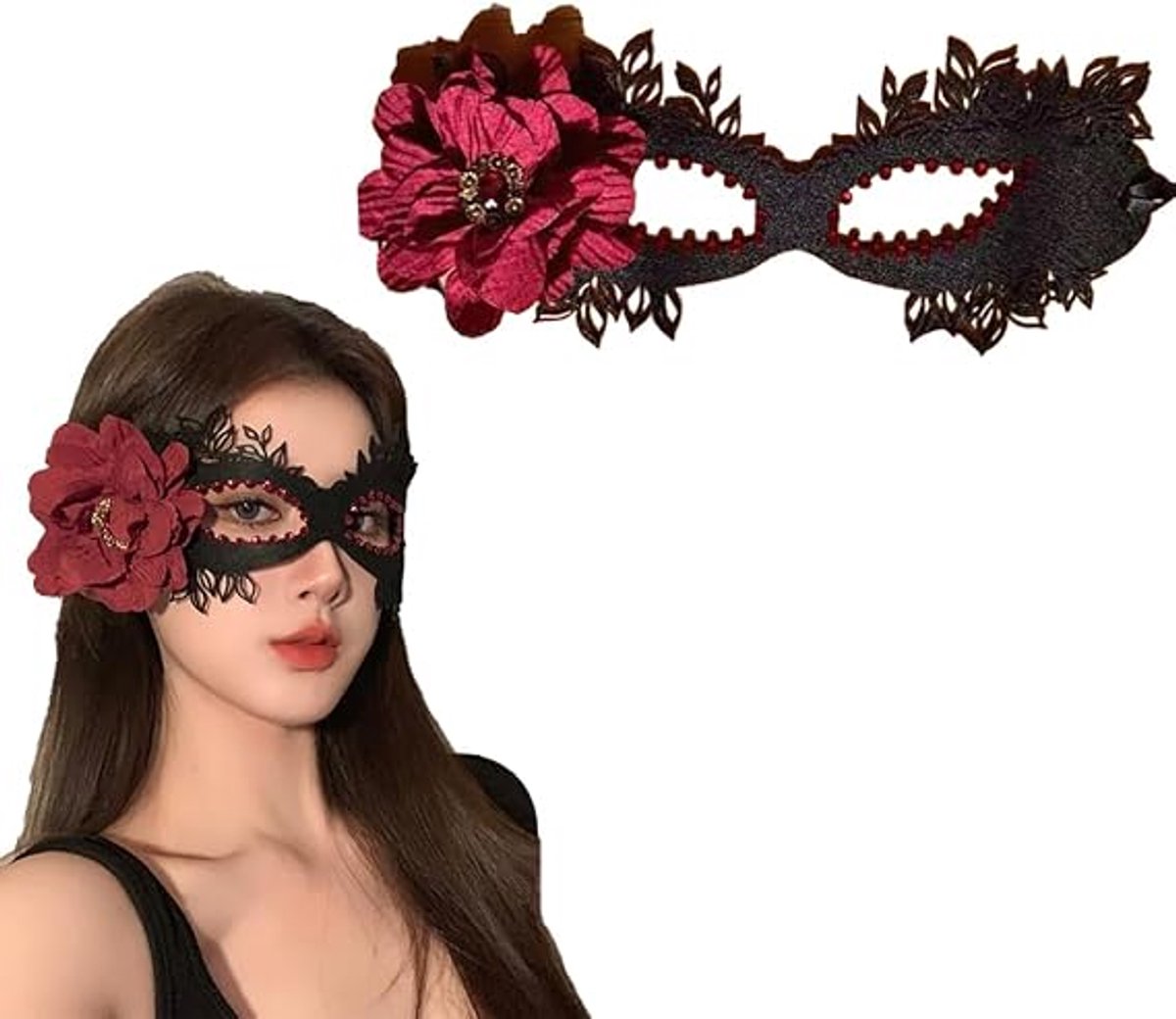LISM-Kanten masker met rode bloemensculptuur van water – een kostuum Geschikt voor cosplay, carnavals, bals en Venetiaanse feesten – zwart