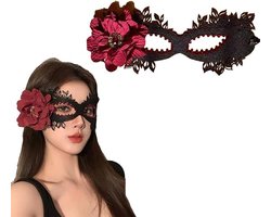 LISM-Kanten masker met rode bloemensculptuur van water – een kostuum Geschikt voor cosplay, carnavals, bals en Venetiaanse feesten – zwart