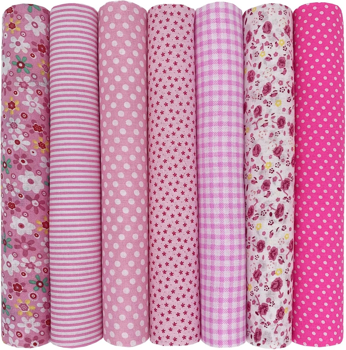 SnelShoppen - 7-delige Set Katoenen Stoffen Vierkanten 50 x 50 cm voor Naaiwerk, Quilten, Patchwork, DIY Creaties in Roze met Diverse Patronen