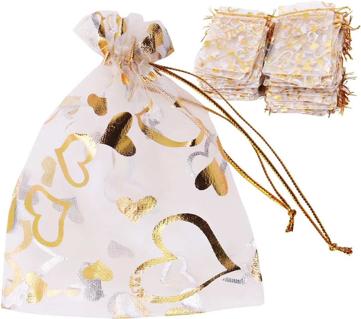 SnelShoppen - 100 Stuks Organza Zakjes met Hart Motief 9x12 cm Zilver - Geschenktasjes voor Feestjes, Bruiloften, Kinderfeestjes, Cadeaus