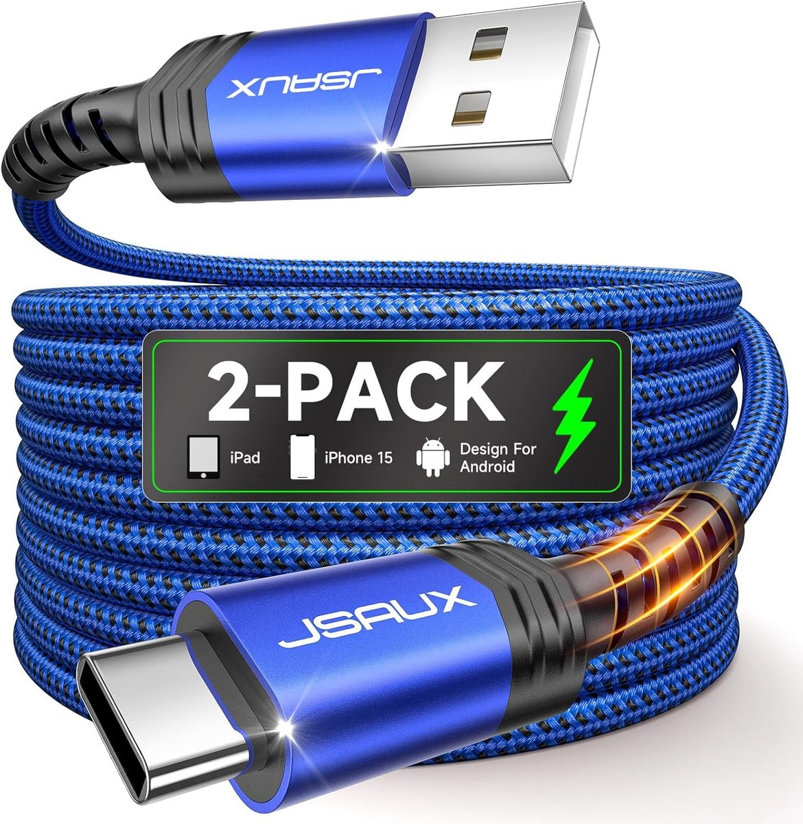 SnelShoppen - USB C Kabel Set (1m + 2m, Pack van 2), 3.1A Snellader, Duurzame Nylon Gevlochten USB Type C Kabel, Compatibel met Samsung, Xiaomi, Blauw