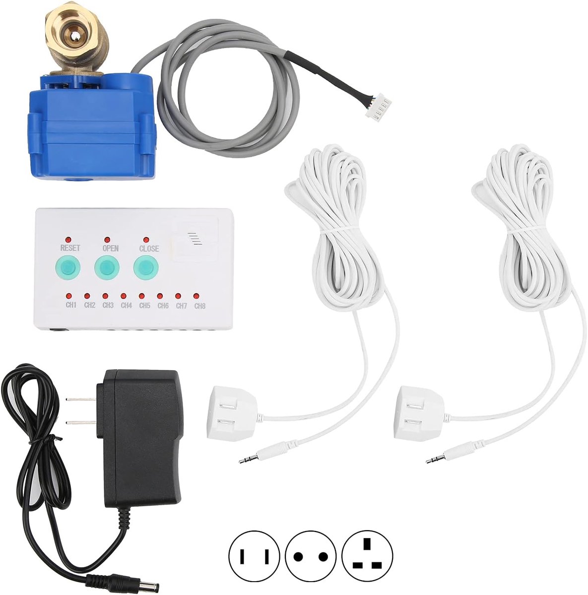 SnelShoppen - Waterleksensor met 2-Weg Ventiel en Geluidsalarm voor Thuis - Overstromingsdetectiesysteem met LED Indicator en 8 Sensorinterfaces - EU