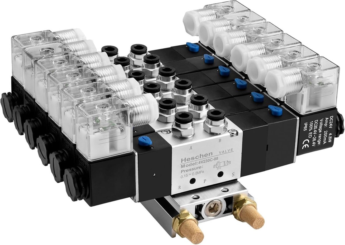 SnelShoppen - Elektrische Pneumatische 6 Solenoid Ventiel 4V230C-08, 24VDC, PT1/4, 5 Weg 3 Posities, Manifold Basis, Dempfer, Snelle Aansluitkit