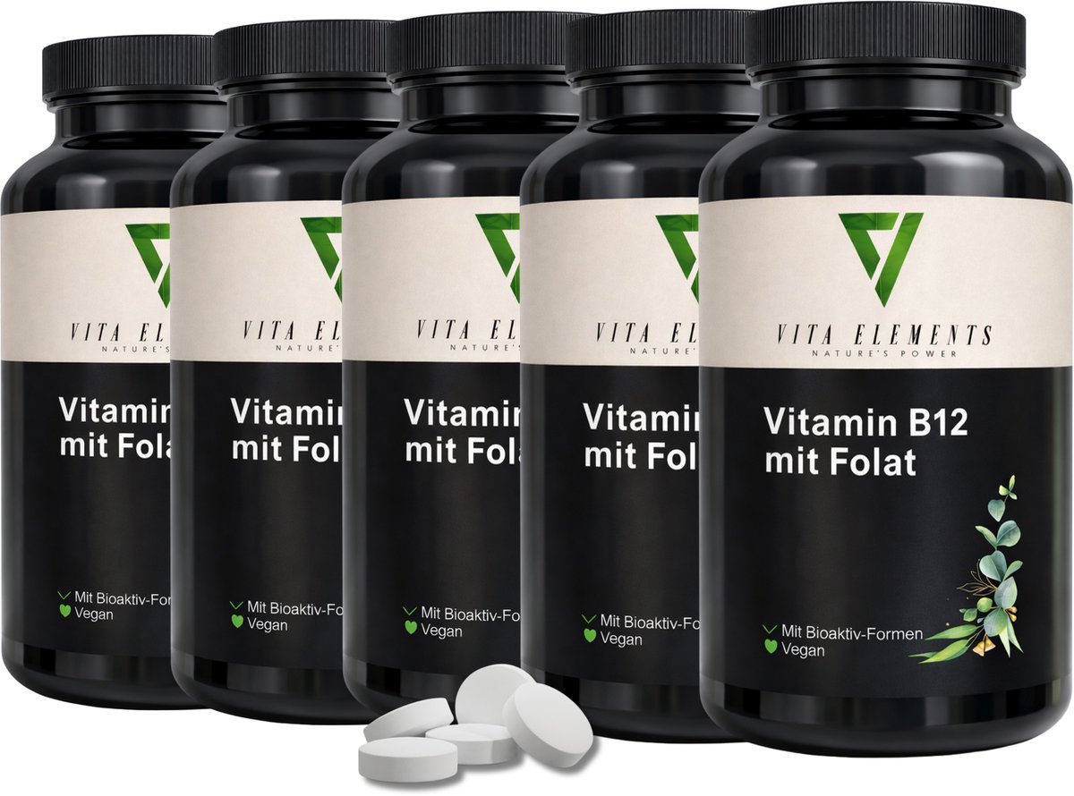 Vita Elements Vitamine B12 met Actief Foliumzuur (5-MTHF) Tabletten - Methylcobalamine - Veganistisch - Suikervrij - 180 Tabletten - Getest Set van 5
