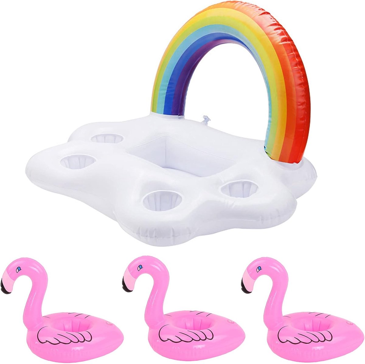 SnelShoppen - Opblaasbare Drinkhouder, 1 Stuk Opblaasbare Regenboog Wolk + 2 Stukken Opblaasbare Flamingo Drinkhouders, Voor Waterplezier, Zwembadfees
